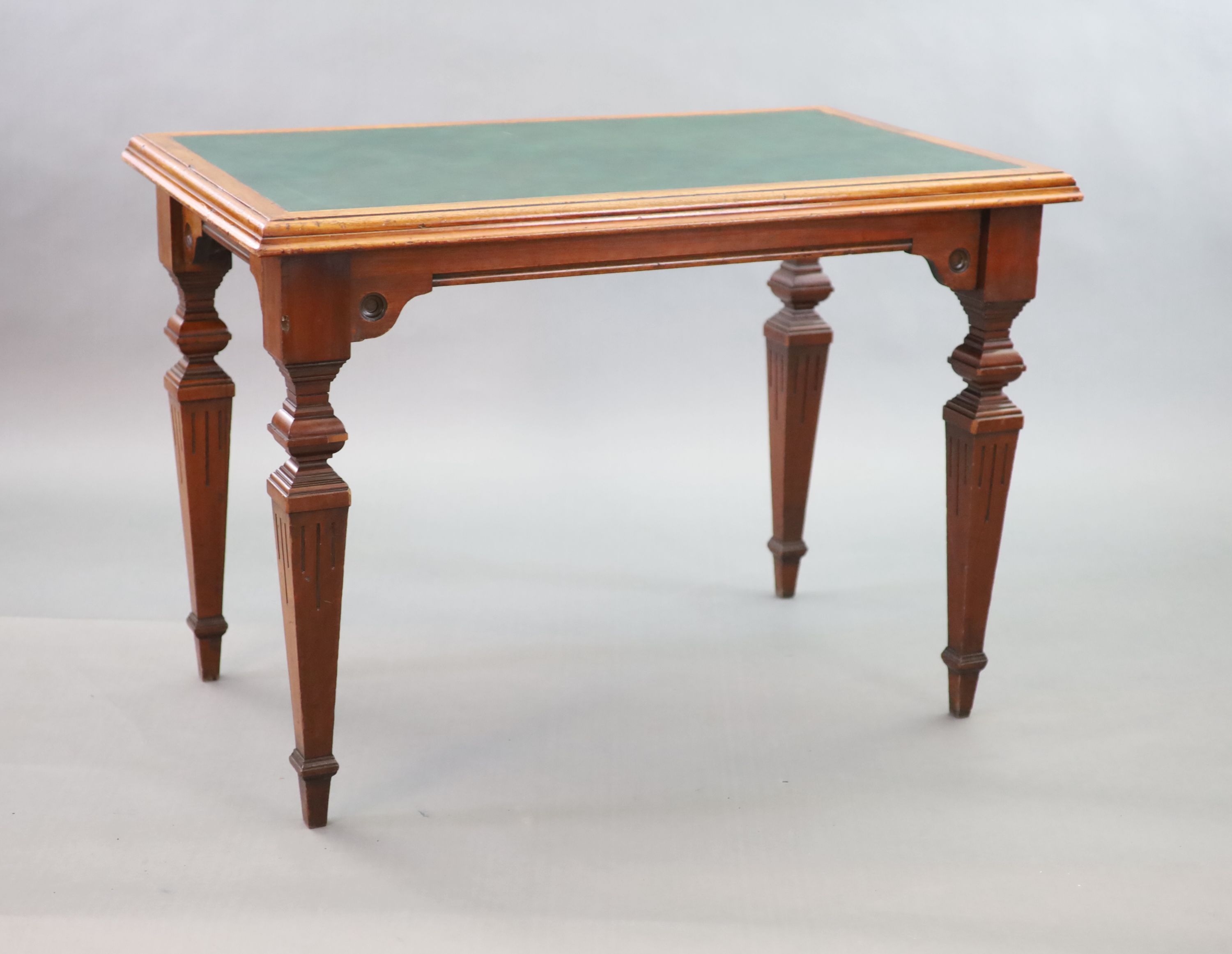 A Victorian mahogany library table, supplied by Sage & Co. Shopfitters of London, W.113cm D.69cm H.78cm